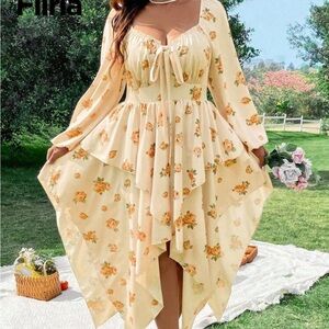 SHEIN Yellow Floral Asymmetrical Dress
